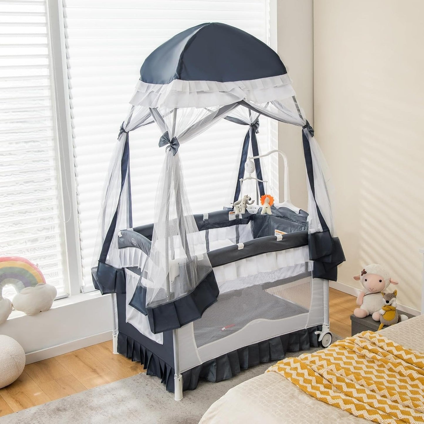 Compact Baby Playpen Crib Bed with Table and Canopy