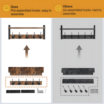Space Saving Coat Rack with 5 Hooks and Storage Shelf