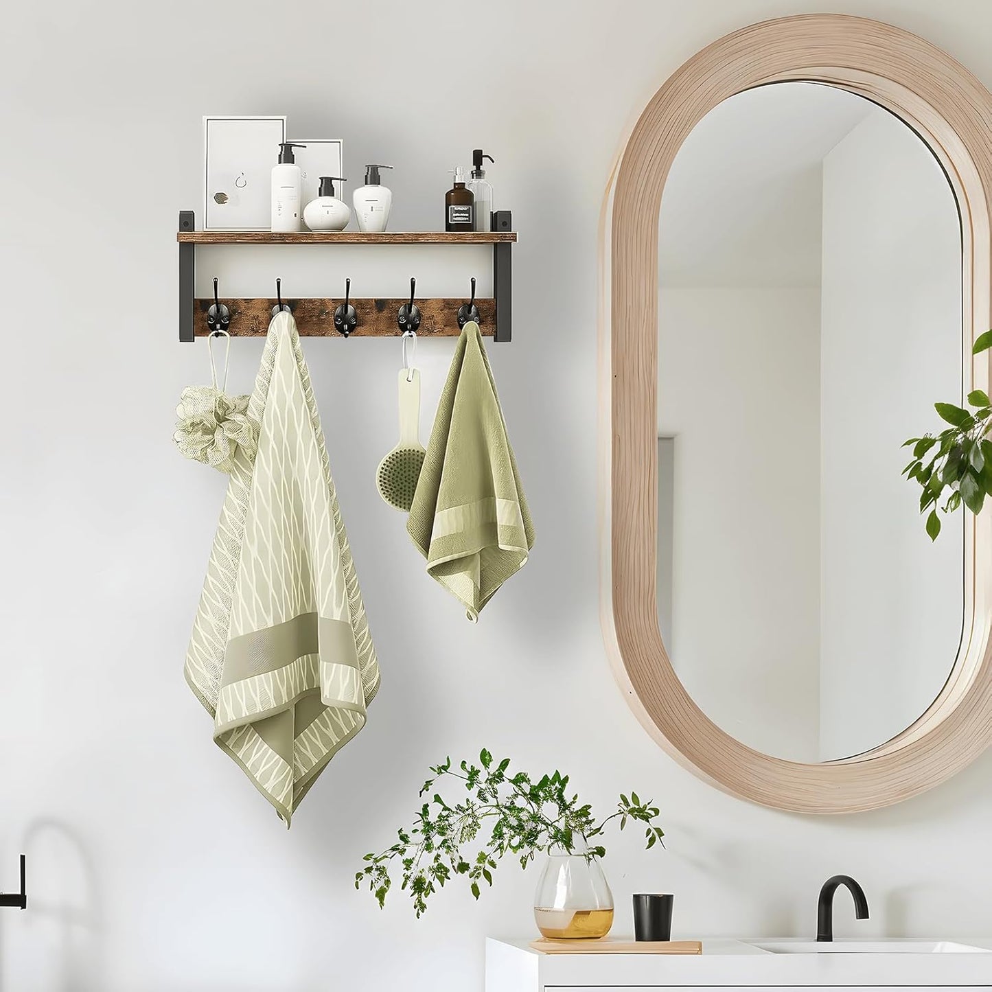 Space Saving Coat Rack with 5 Hooks and Storage Shelf