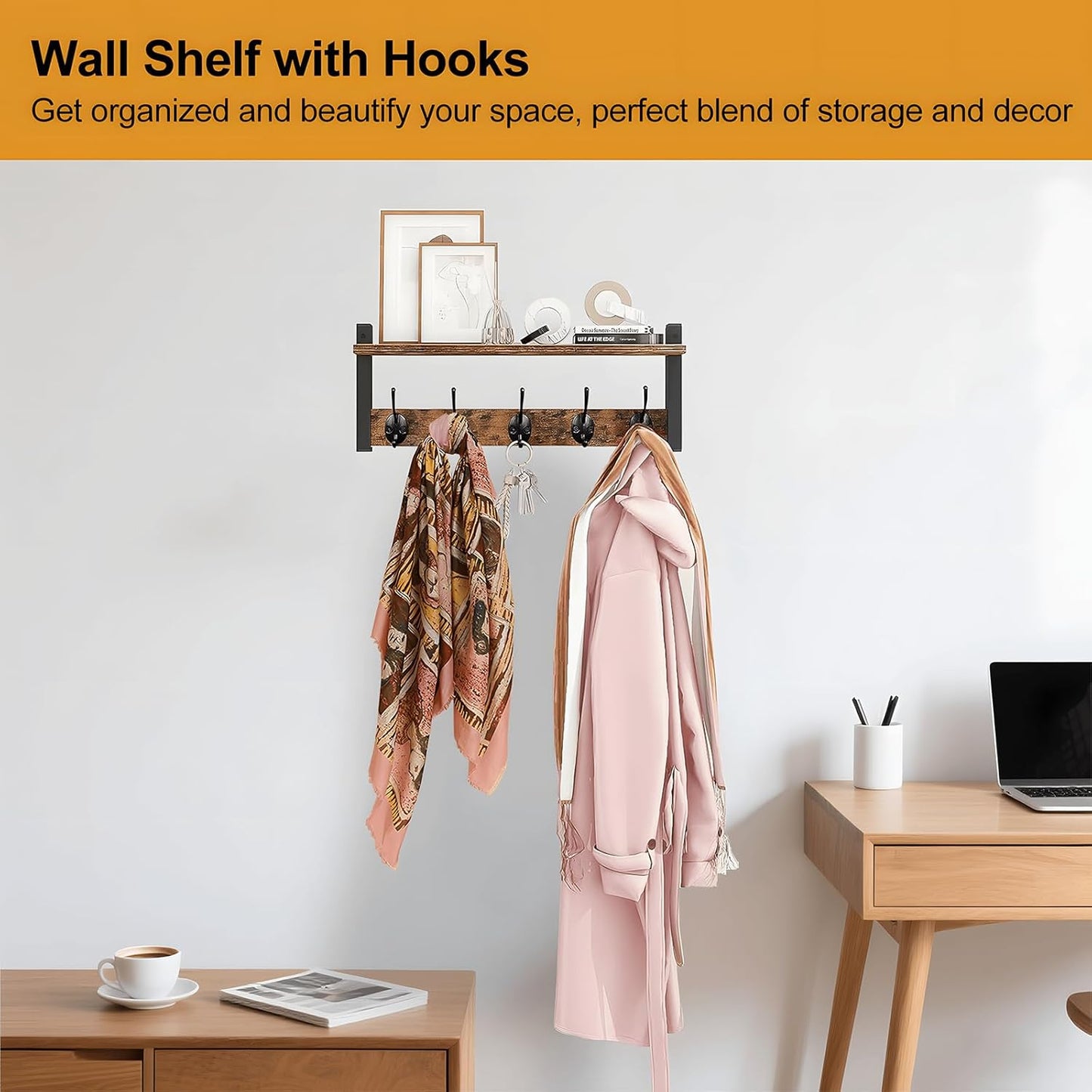Space Saving Coat Rack with 5 Hooks and Storage Shelf
