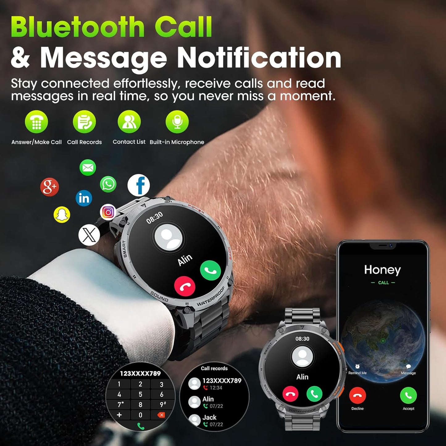 Tactical Smartwatch for Men with HD Display and Flashlight