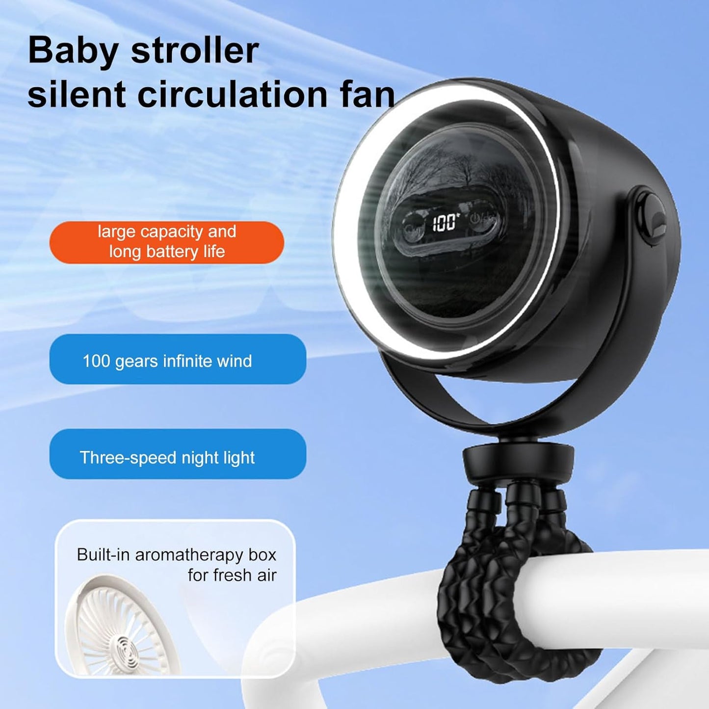 Portable Baby Stroller Fan with LED Nightlight 100 Settings