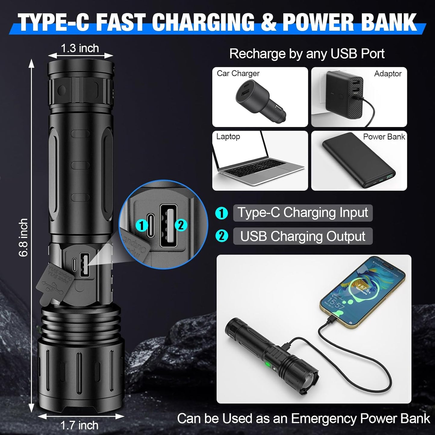 Bright LED Flashlight High Power Fast Charge