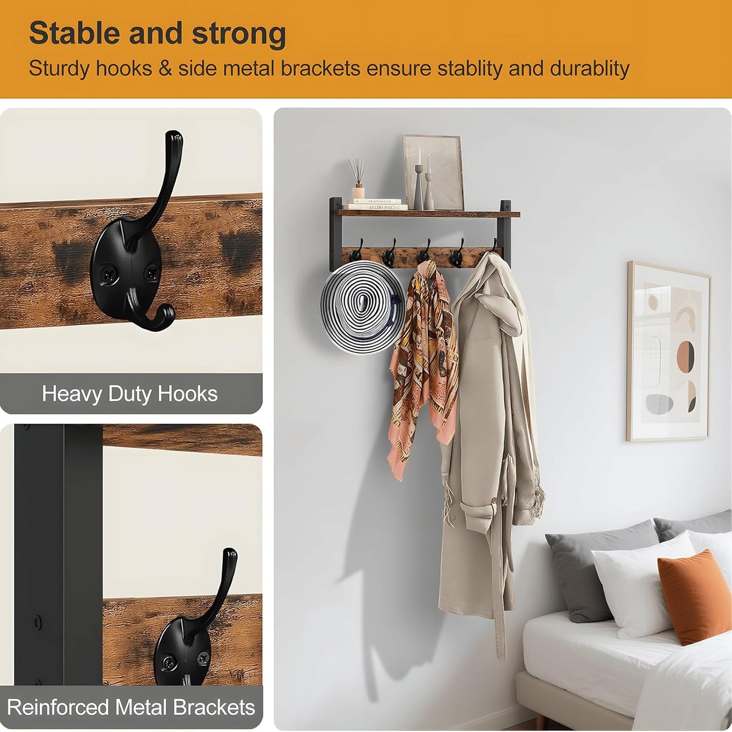 Space Saving Coat Rack with 5 Hooks and Storage Shelf