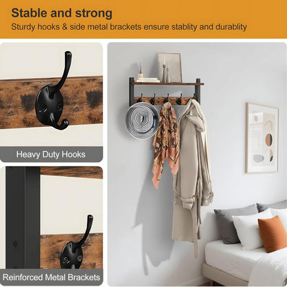 Space Saving Coat Rack with 5 Hooks and Storage Shelf