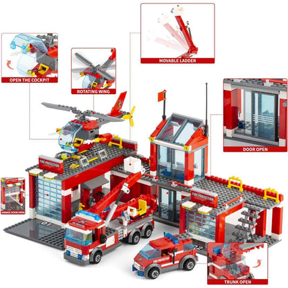 774 Pcs City Fire Station Building Set Including Fire Station, Fire Truck, Fire Helicopter, Fire Fighter, City Building, Safe for Ages 6+