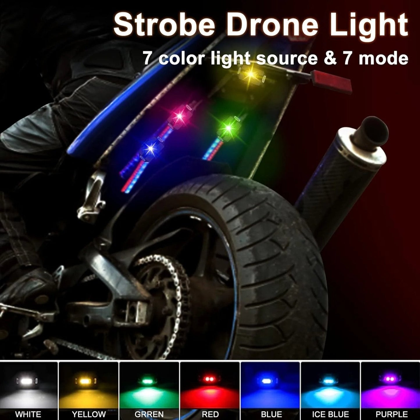 7 Colors LED Motorcycle Strobe Lights - Anti-Collision Lights and USB Charging, Night Signal Emergency Warning