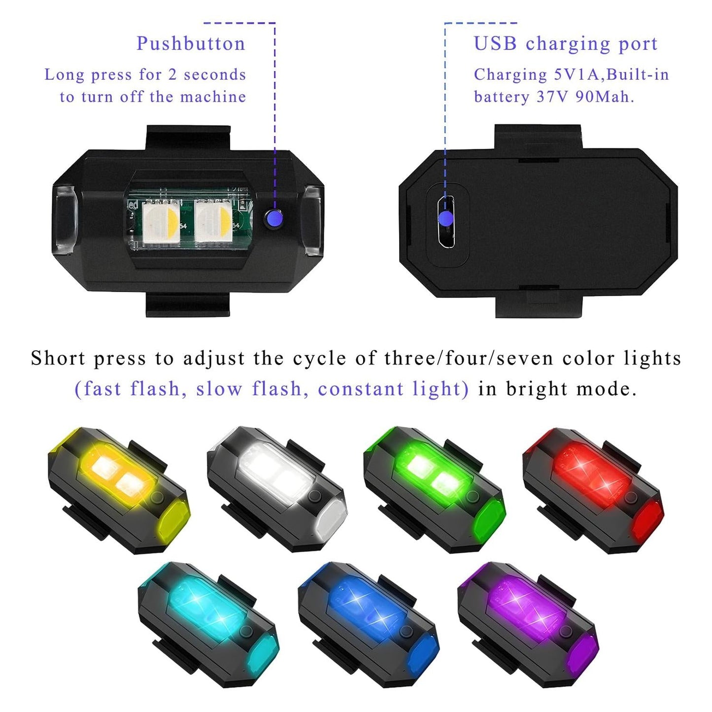7 Colors LED Motorcycle Strobe Lights - Anti-Collision Lights and USB Charging, Night Signal Emergency Warning
