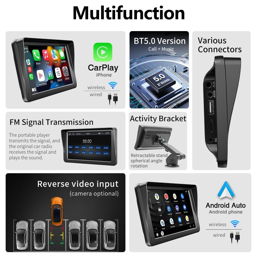 7" Touchscreen Car Display – Bluetooth Hands-Free Multimedia Player with Free Rear View Camera