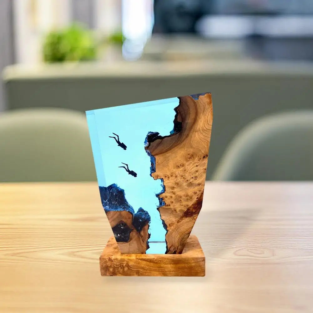 Coastal Theme Wood Table Lamp with Underwater Decor