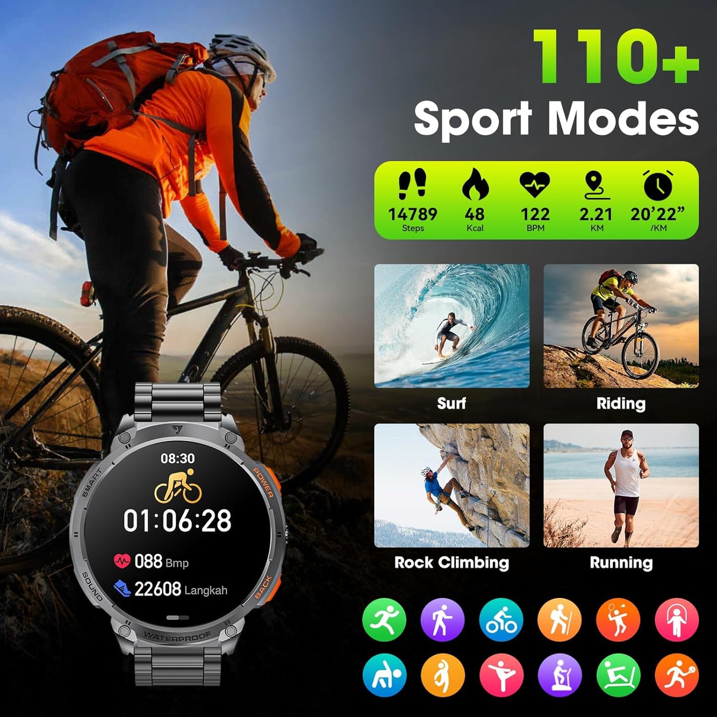 Tactical Smartwatch for Men with HD Display and Flashlight