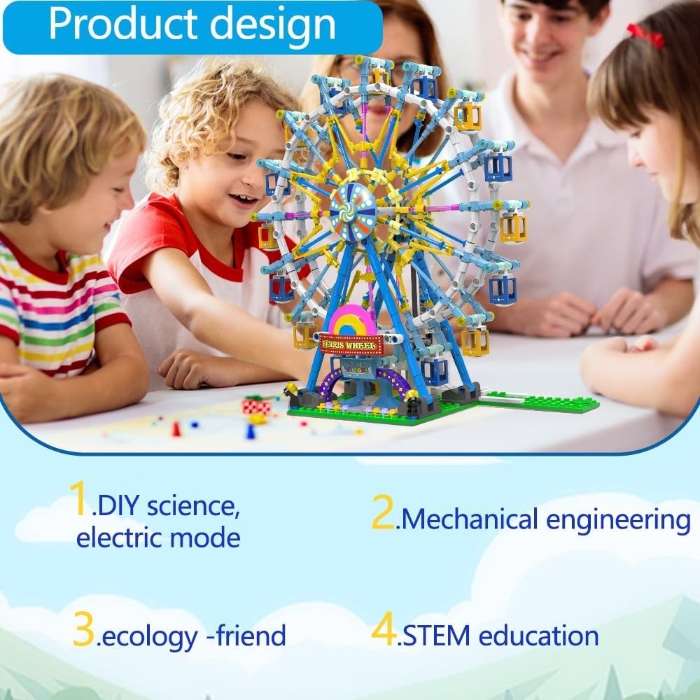813 Piece Ferris Wheel Building Set with Swinging Cabins, STEM Learning Toy, Safe & Fun for Kids 6+