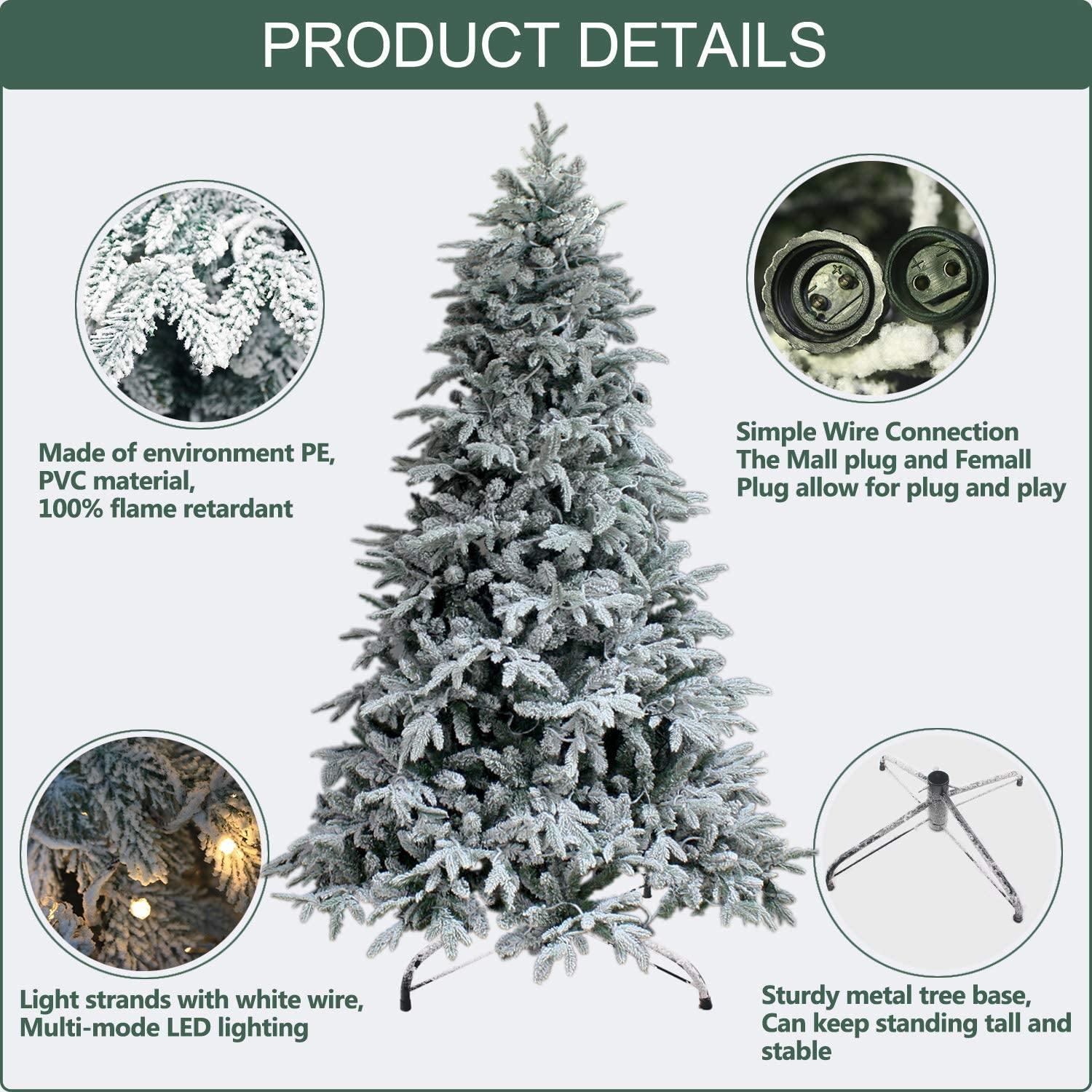 7Ft Snow Flocked Artificial Pre-lit Xmas Tree With Metal Stand, 300 Chasing Warm LED Lights - Until Times Up