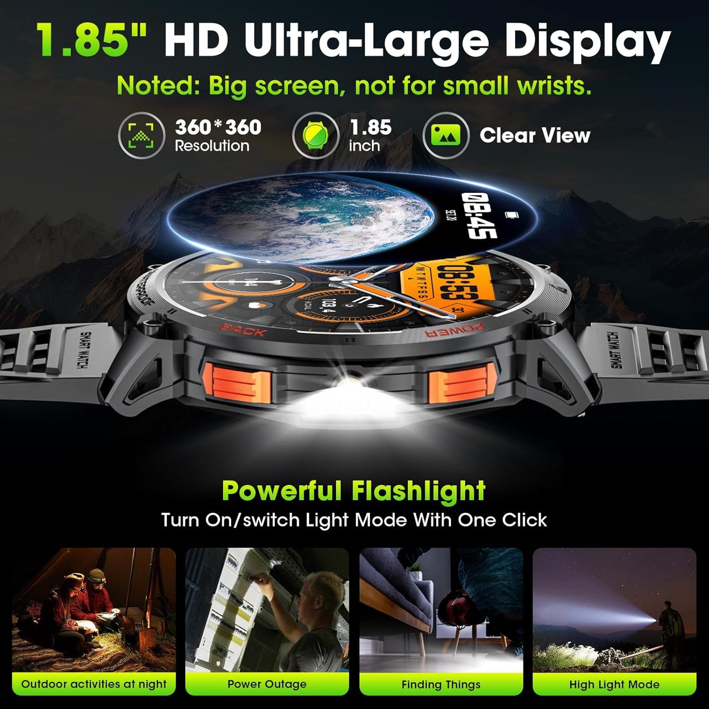 Tactical Smartwatch for Men with HD Display and Flashlight