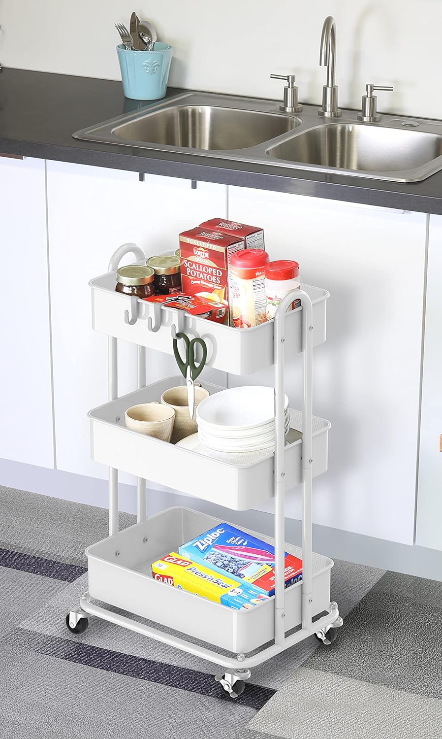 Sturdy 3-Shelf Industrial Metal Rolling Storage Cart