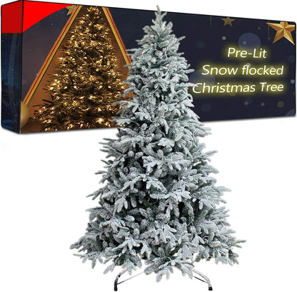 7Ft Snow Flocked Artificial Pre-lit Xmas Tree With Metal Stand, 300 Chasing Warm LED Lights - Until Times Up