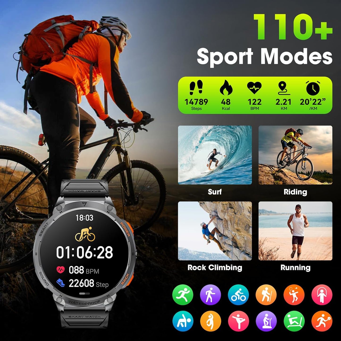 Tactical Smartwatch for Men with HD Display and Flashlight