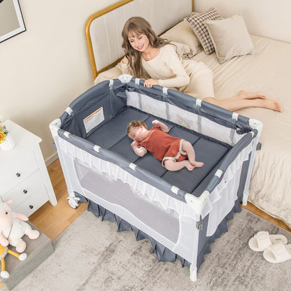 Compact Baby Playpen Crib Bed with Table and Canopy