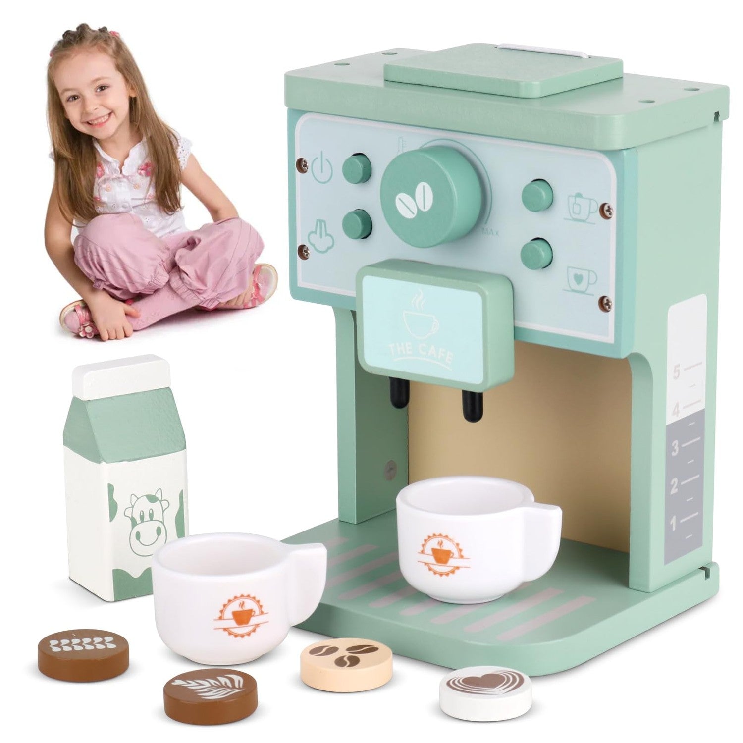 Kids Wooden Play Coffee Maker Set, 8Pcs Play Kitchen Toy - Pexav