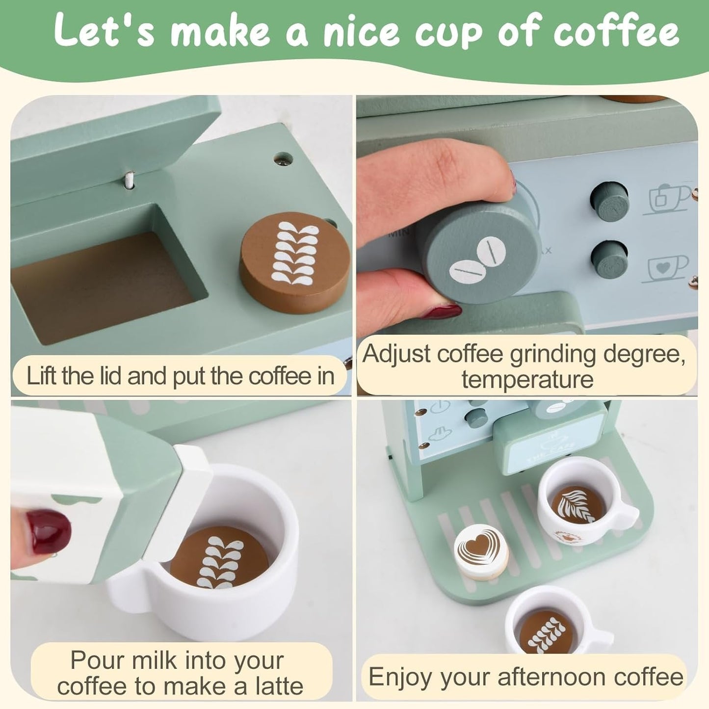 8Pcs Wooden Coffee Maker Toy Set, Kitchen Game Role Play, Safe for Ages 3+