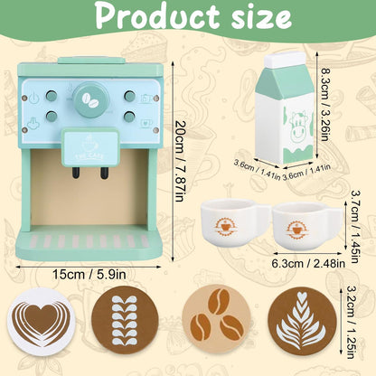 8Pcs Wooden Coffee Maker Toy Set, Kitchen Game Role Play, Safe for Ages 3+