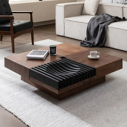 Carved Wood Modern Low Coffee Table - Pexav