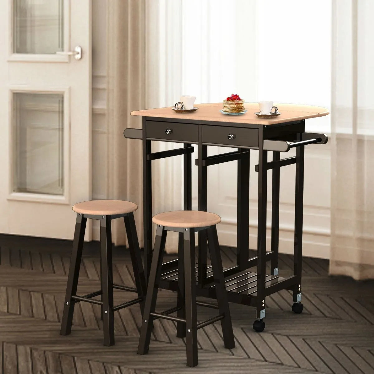 Rustic Kitchen Cart Table with 2 Bar Stools - Pexav