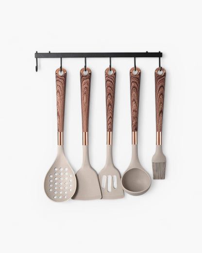 Premium 11-Piece Kitchen Utensil Set with Wooden Handles & Gold Trim - Pexav