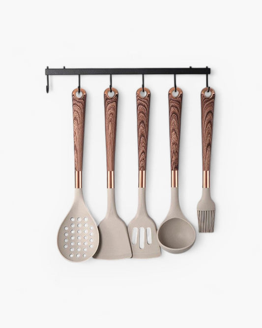 Premium 11-Piece Kitchen Utensil Set with Wooden Handles & Gold Trim - Pexav