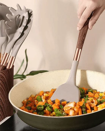 Premium 11-Piece Kitchen Utensil Set with Wooden Handles & Gold Trim