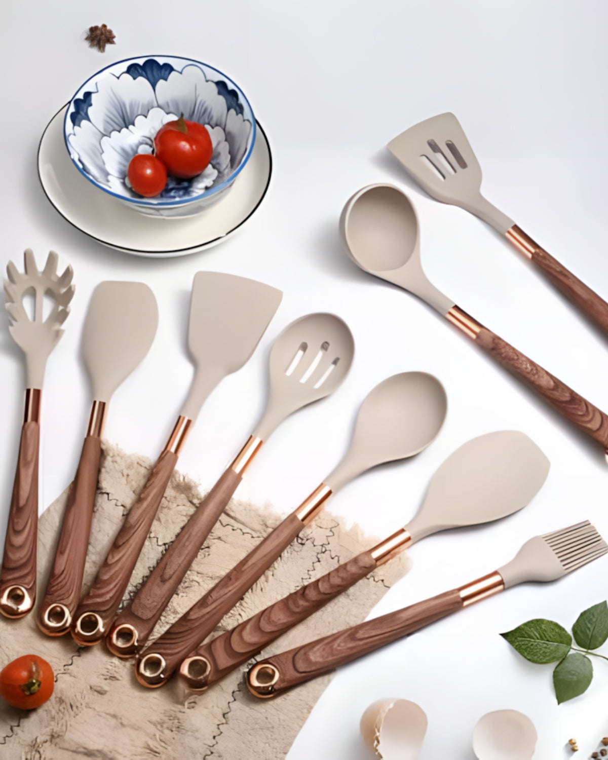 Premium 11-Piece Kitchen Utensil Set with Wooden Handles & Gold Trim