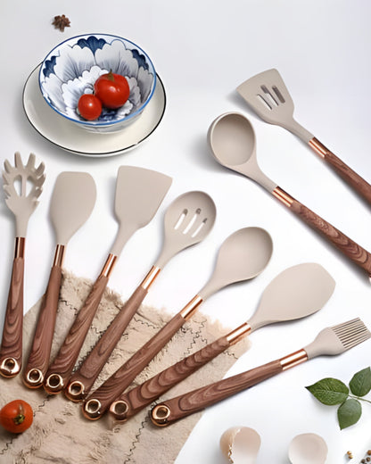 Premium 11-Piece Kitchen Utensil Set with Wooden Handles & Gold Trim