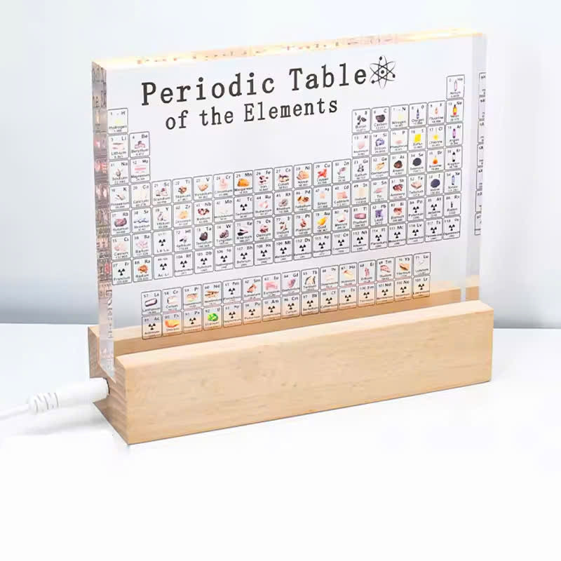 Acrylic Periodic Table Chemistry Display with Wooden Base, LED Light, and USB Power