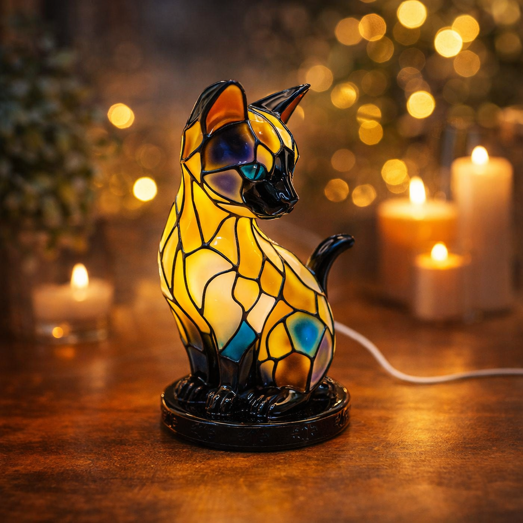 Colorful Cat Shape Lamp with Mosaic Resin Base - Pexav