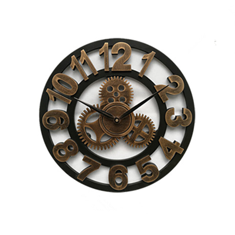 Decorative wall clock with gear design on a white background