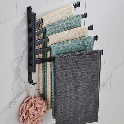 Black Metal Towel Rack with 5 Swiveling Arms – Space-Saving Towel Holder for Stylish Bathroom Organization 1