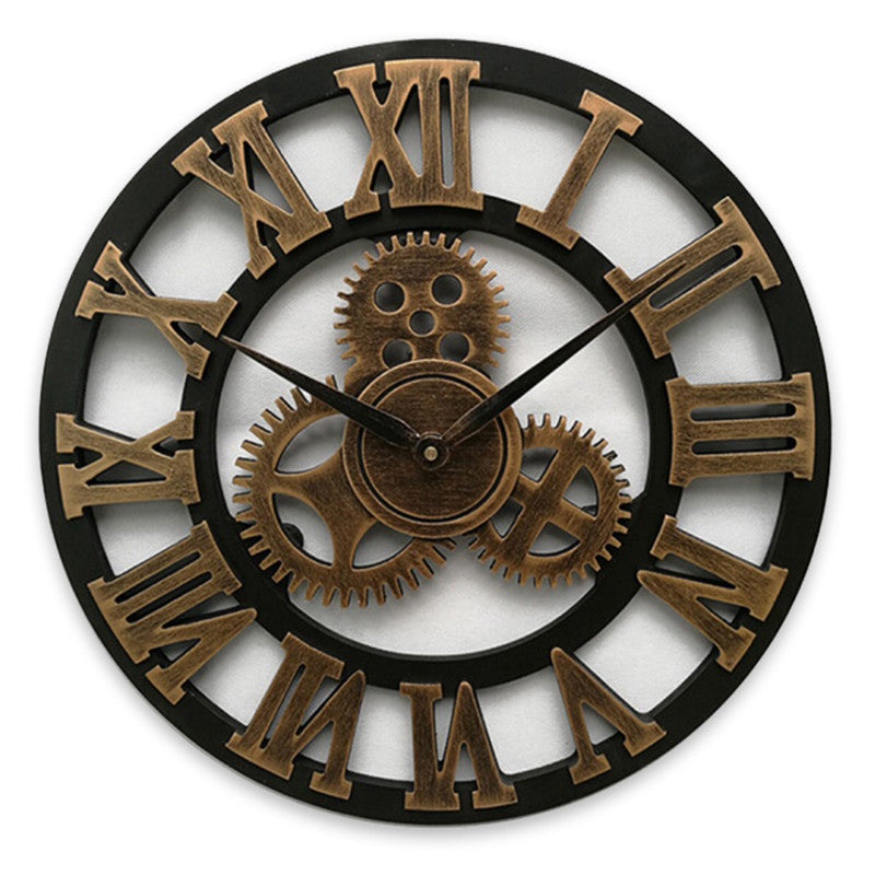 Decorative wall clock with Roman numeral markers and mechanical gear design on a white background