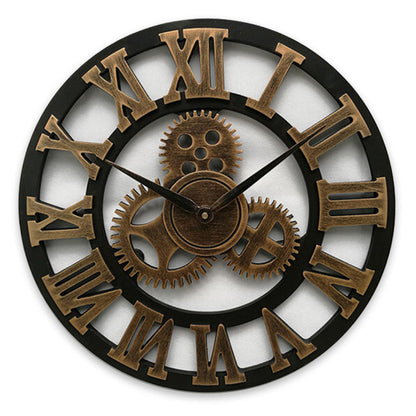Decorative wall clock with Roman numeral markers and mechanical gear design on a white background