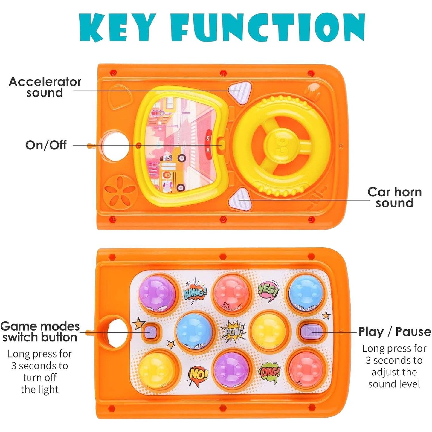 Colorful Baby Bus Learning Toy with Shape Sorter, Whack-a-Mole Game, Musical Steering Wheel, Safe for Ages 3+