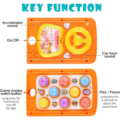 Colorful Baby Bus Learning Toy with Shape Sorter, Whack-a-Mole Game, Musical Steering Wheel, Safe for Ages 3+