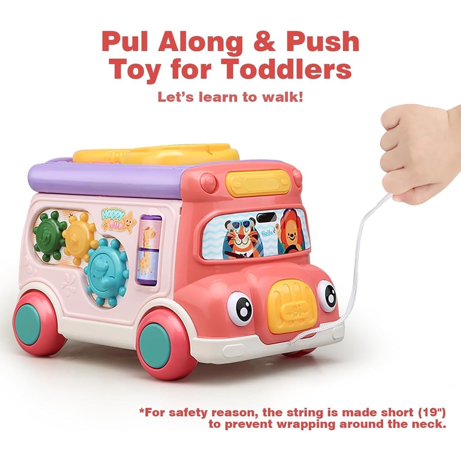 Colorful Baby Bus Learning Toy with Shape Sorter, Whack-a-Mole Game, Musical Steering Wheel, Safe for Ages 3+