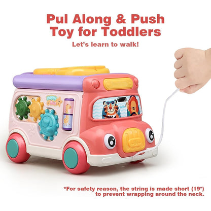 Colorful Baby Bus Learning Toy with Shape Sorter, Whack-a-Mole Game, Musical Steering Wheel, Safe for Ages 3+
