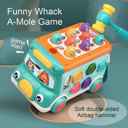 Colorful Baby Bus Learning Toy with Shape Sorter, Whack-a-Mole Game, Musical Steering Wheel, Safe for Ages 3+