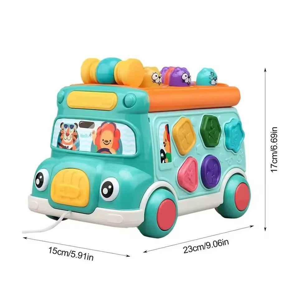 Colorful Baby Bus Learning Toy with Shape Sorter, Whack-a-Mole Game, Musical Steering Wheel, Safe for Ages 3+