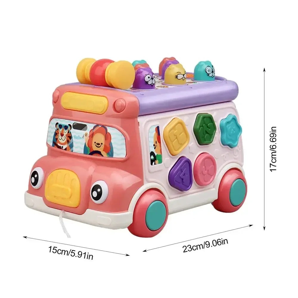 Colorful Baby Bus Learning Toy with Shape Sorter, Whack-a-Mole Game, Musical Steering Wheel, Safe for Ages 3+