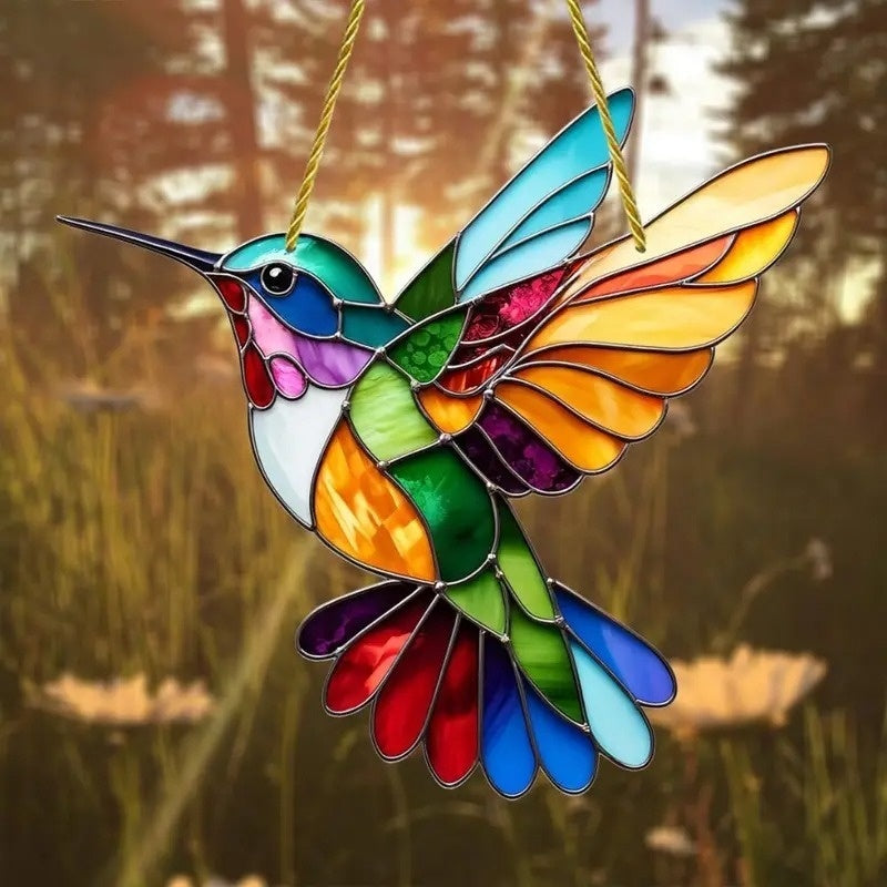 Colorful Hummingbird Suncatcher – Stained Glass Window Decoration for Home and Garden
