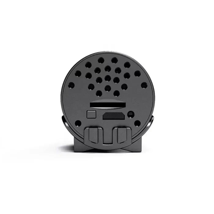 Black cylindrical camera device with a textured surface on a white background