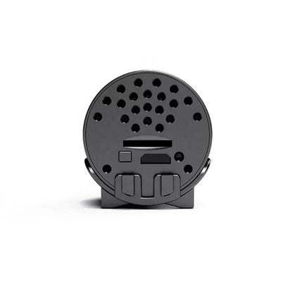 Black cylindrical camera device with a textured surface on a white background