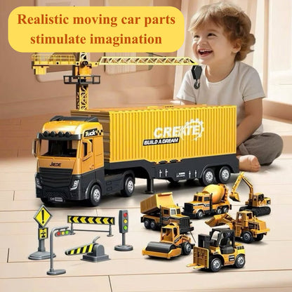 Construction Truck Set with Cargo Truck with Bulldozer, Tractor, Forklift, Mixer, Excavator, Crane and Dumper