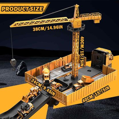 Construction Truck Set with Cargo Truck with Bulldozer, Tractor, Forklift, Mixer, Excavator, Crane and Dumper
